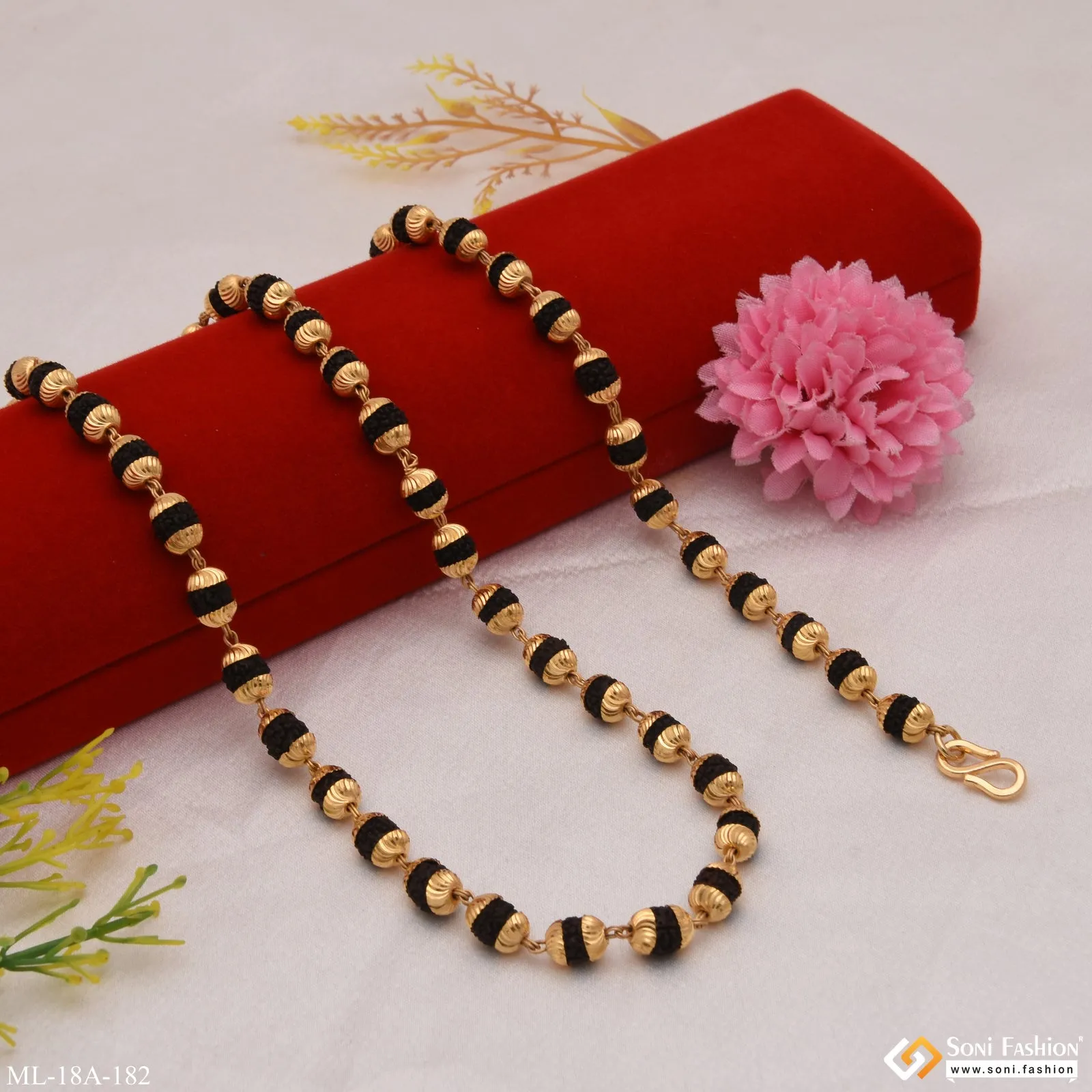 1 Gram Gold - Black Classic Design Superior Quality Gold Plated Mala - Style A182