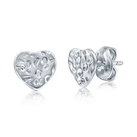 14K White Gold Plated "Hammered In Love" Heart Stud Earrings