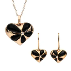 18ct Rose Gold Whitby Jet Diamond Flower Heart Two Piece Set