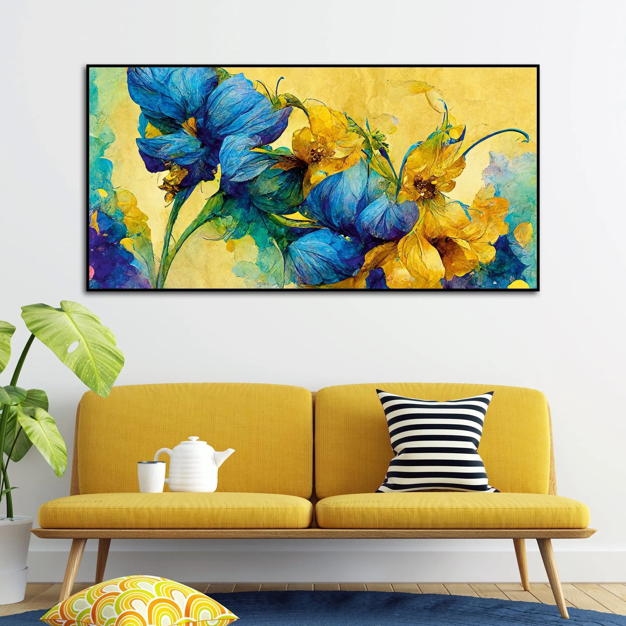 Abstract Blue and Gold Floral Art Canvas Wall Painting