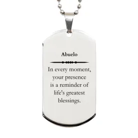 Abuelo Thank You Gifts, Your presence is a reminder of life's greatest, Appreciation Blessing Birthday Silver Dog Tag for Abuelo