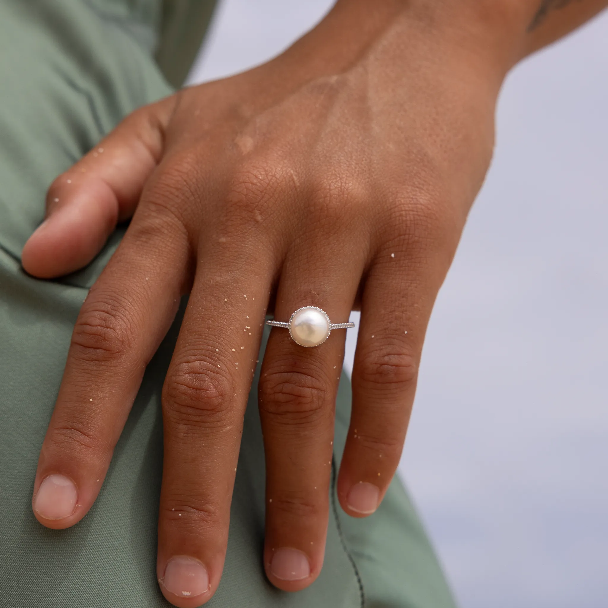 Akoya White Pearl Ring in White Gold with Diamonds - 8mm