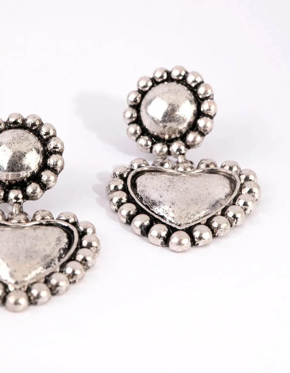 Antique Silver Heart & Sphere Drop Earrings