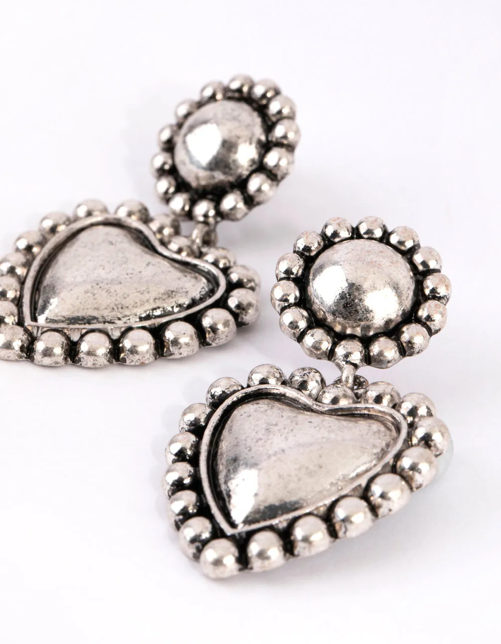 Antique Silver Heart & Sphere Drop Earrings