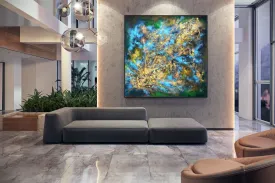 Black Gold Blue Livingroom Decor Large Abstract Painting Kp077