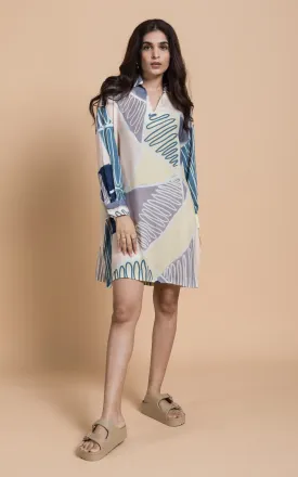 Blue & Yellow Abstract Printed Shift Dress