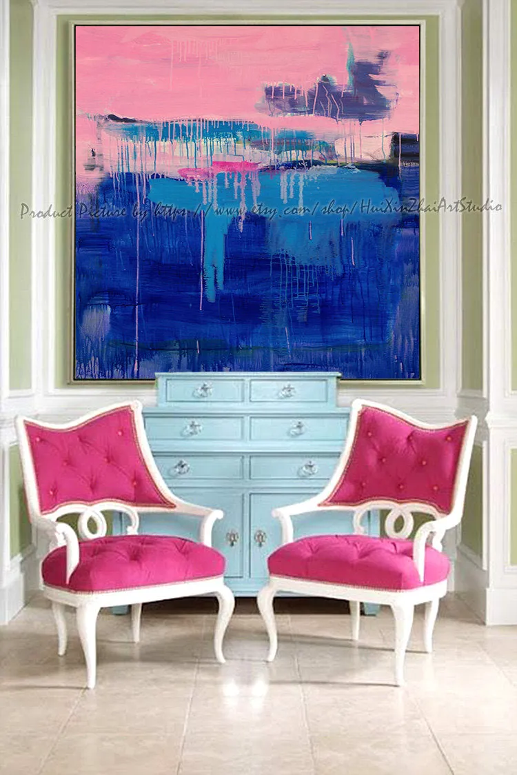 Blue Pink Hand Made Abstract Art Acrylic Painting Living Room Wall Art Yp090