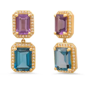 Bold Blue Topaz & Amethyst Emerald Cut Drop Earrings