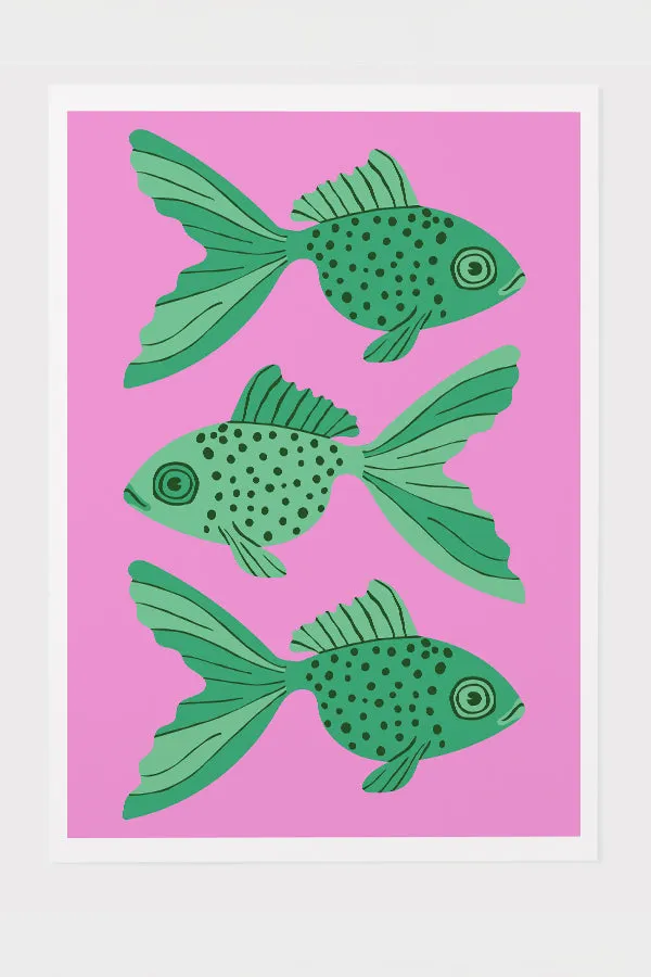 Bold Graphic Three Goldfish Giclée Art Print Poster (Pink)