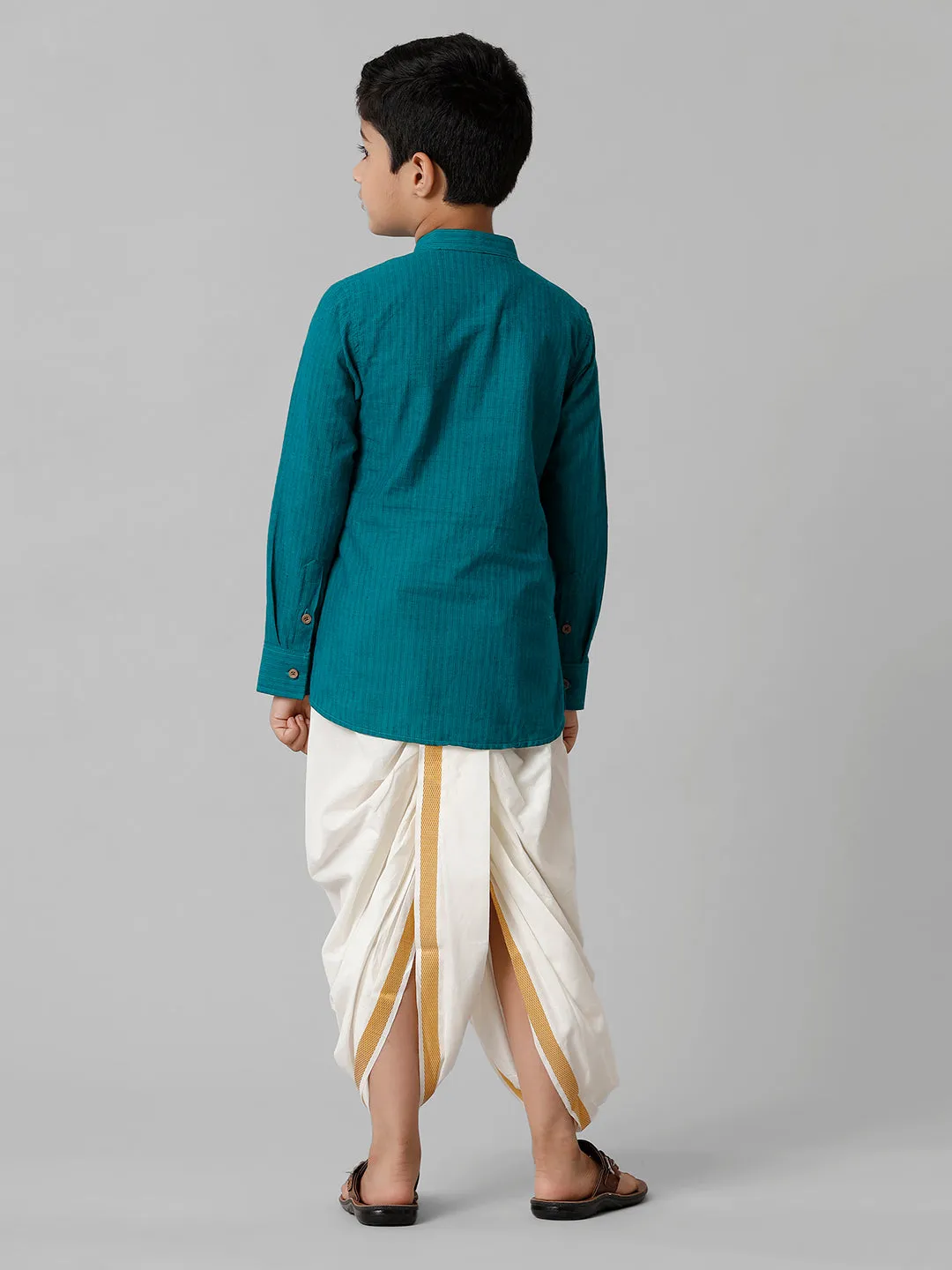 Boys Breeze Cotton Peacock Green Kurta with Cream Elastic Panchakacham Combo COT6