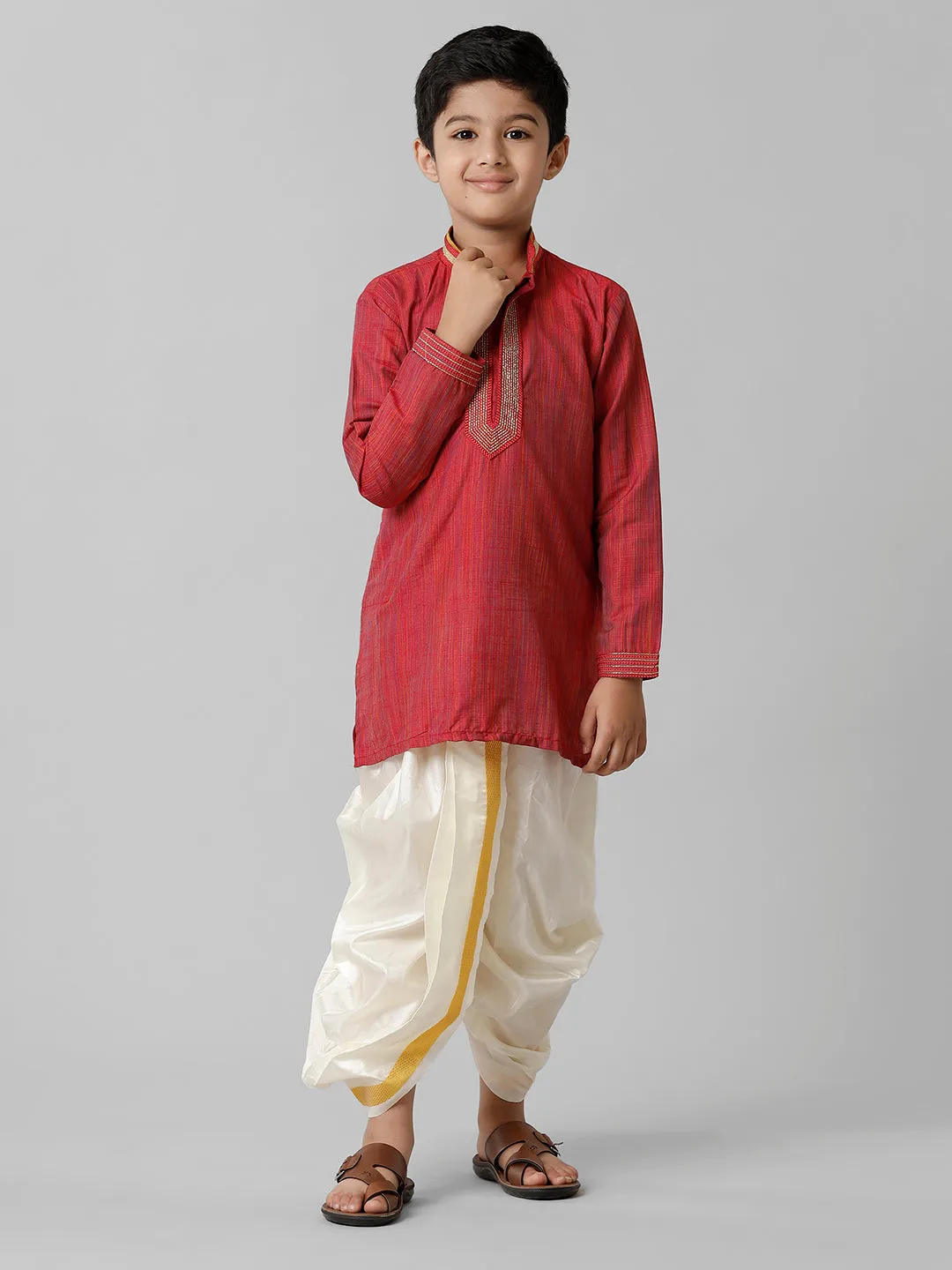 Boys Emerald Cotton Red Kurta with Cream Readymade Art Silk Panchakacham Combo EMD4