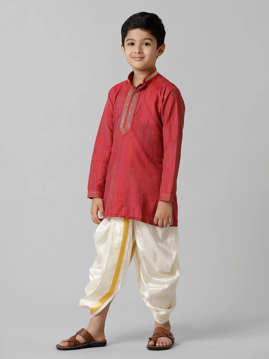 Boys Emerald Cotton Red Kurta with Cream Readymade Art Silk Panchakacham Combo EMD4