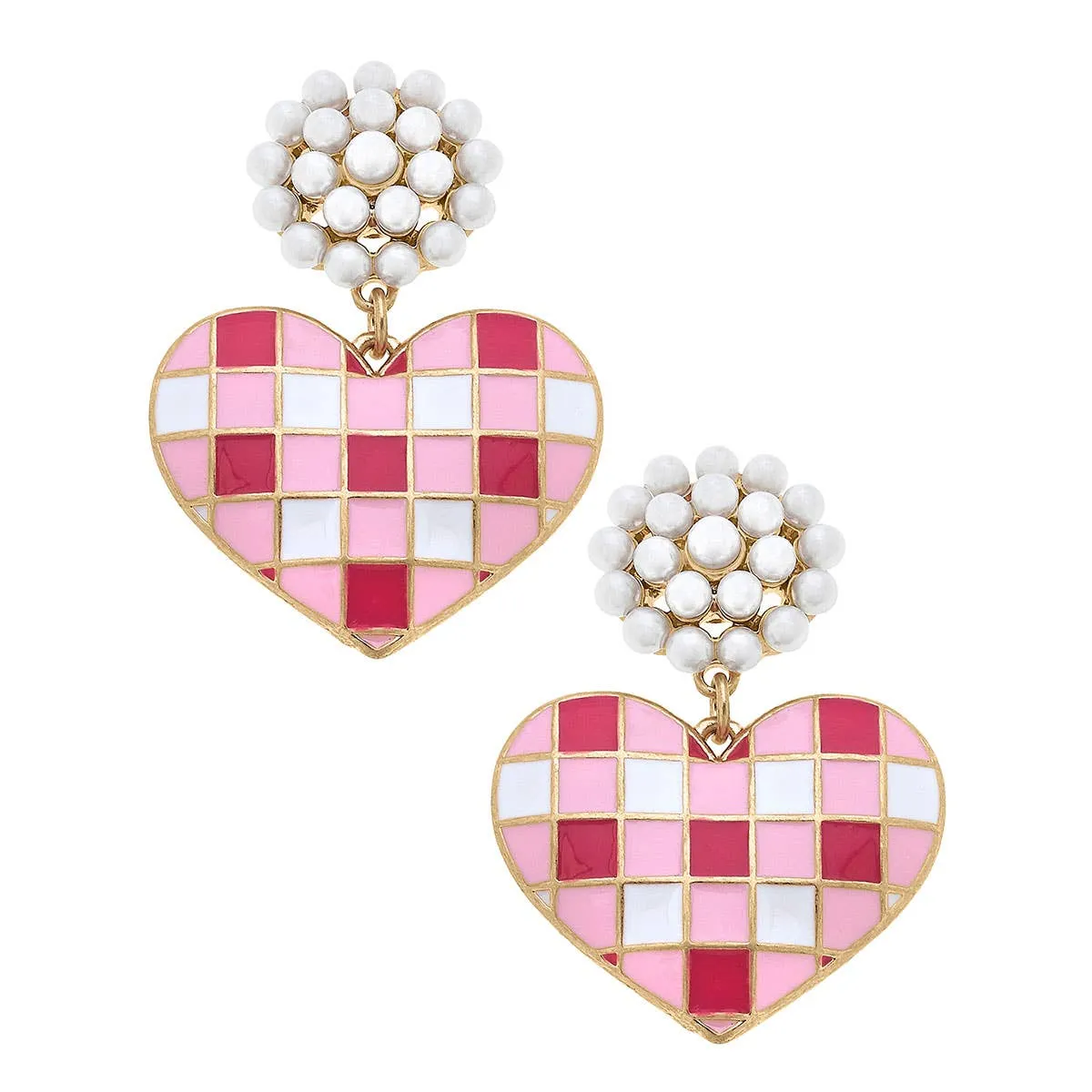 CANVAS STYLE - EMMY GINGHAM HEART ENAMEL EARRINGS IN PINK & FUCHSIA