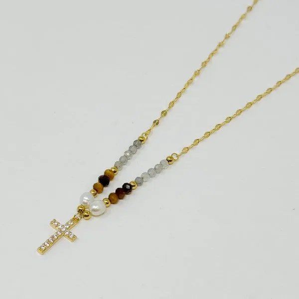 Cross Pendant Stone Bead Necklace