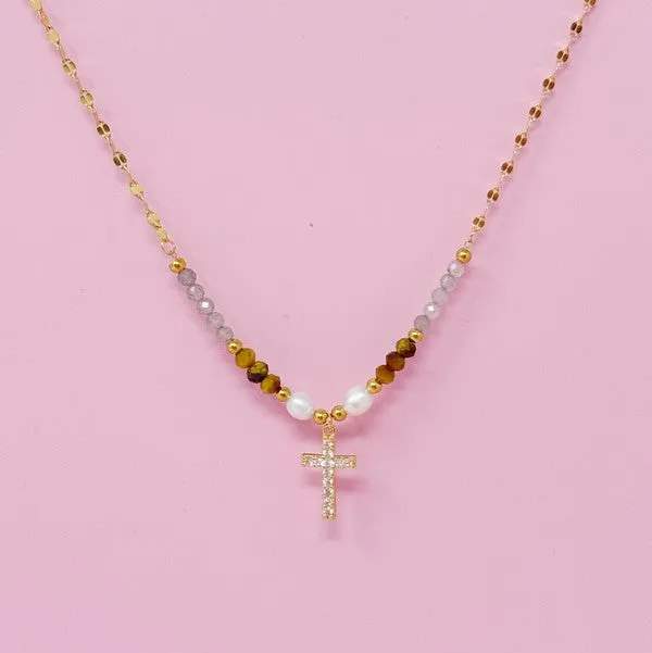 Cross Pendant Stone Bead Necklace