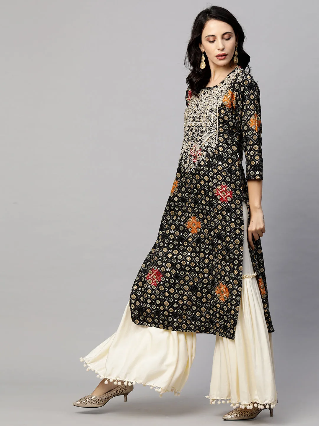 Ethnic Embroidered & Printed Straight Kurta - Black