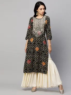 Ethnic Embroidered & Printed Straight Kurta - Black