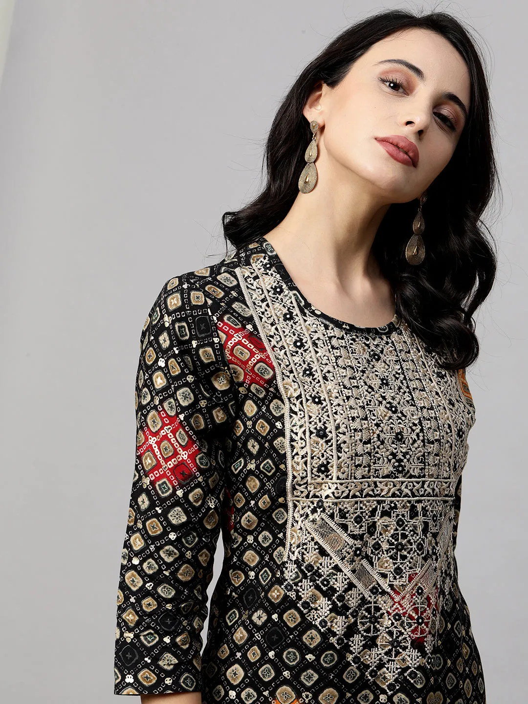 Ethnic Embroidered & Printed Straight Kurta - Black