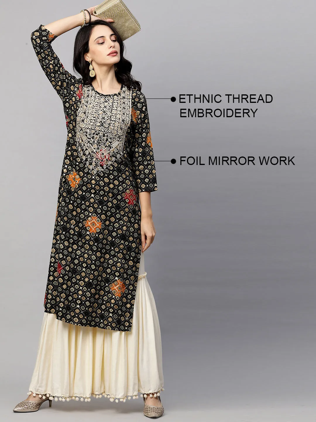 Ethnic Embroidered & Printed Straight Kurta - Black