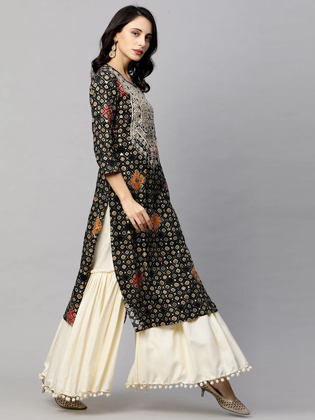 Ethnic Embroidered & Printed Straight Kurta - Black