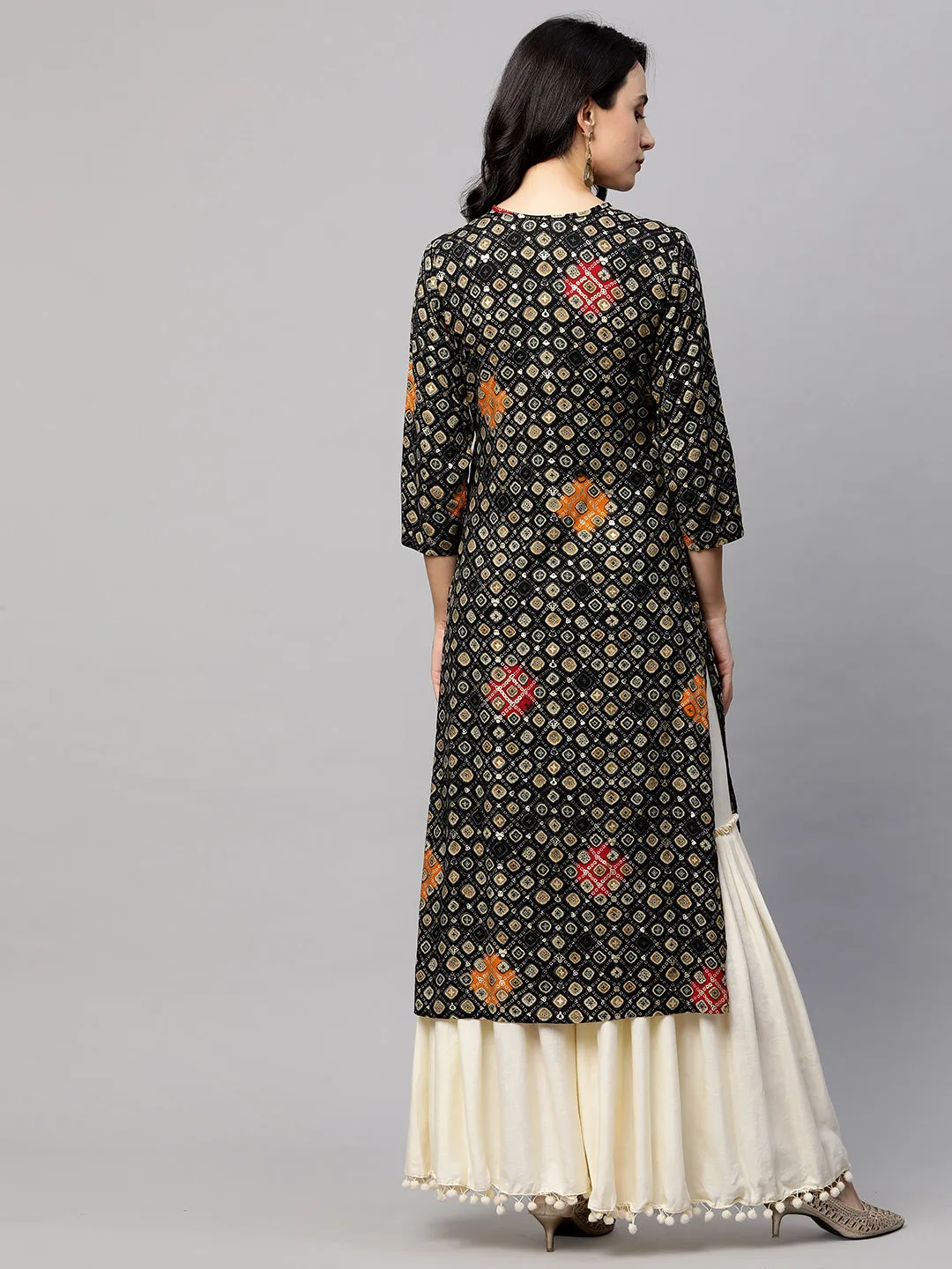 Ethnic Embroidered & Printed Straight Kurta - Black