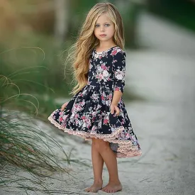 Girls Floral Print Lace Decor Trim Dress - ONLY 1 LEFT !!!