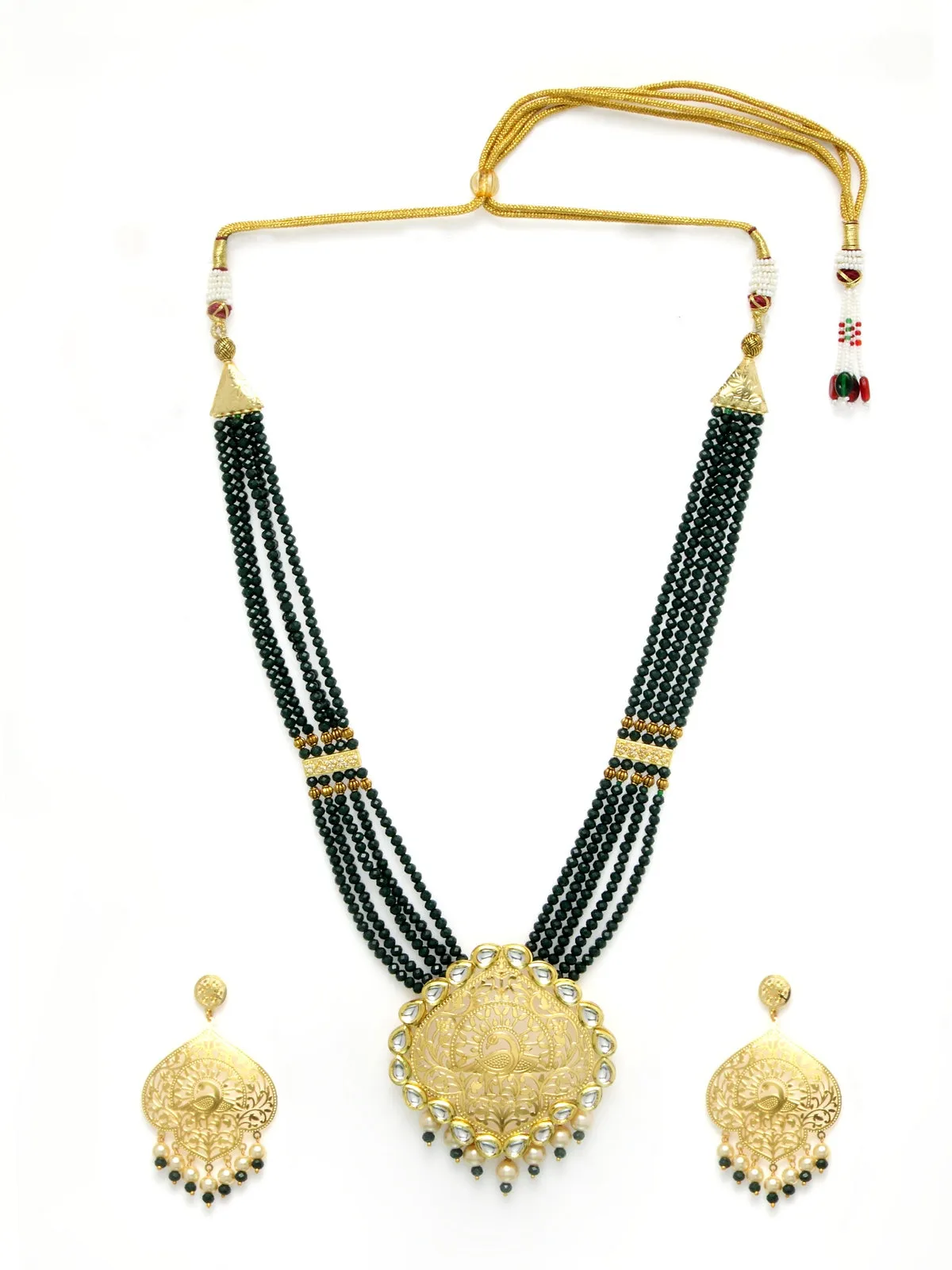 Gold-Plated Green & Off-White Kundan-Studded Beaded Handcrafted Jewellery Set