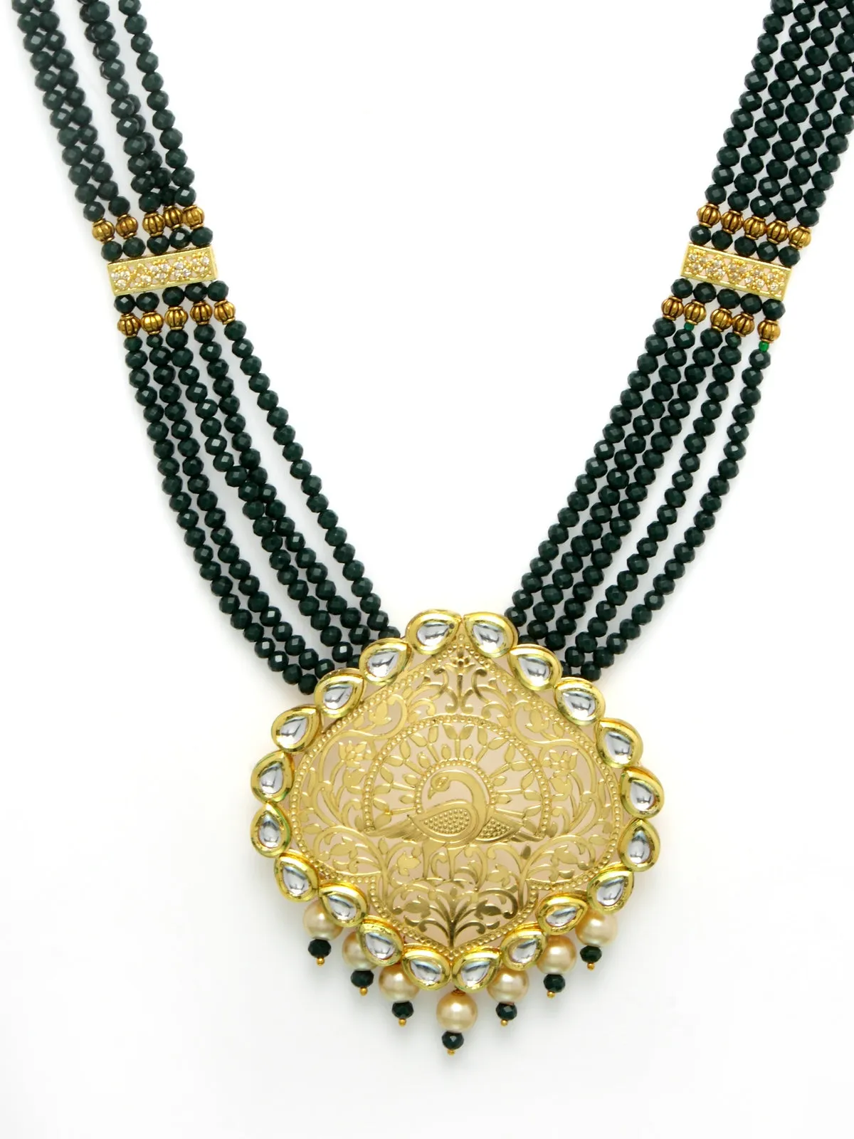 Gold-Plated Green & Off-White Kundan-Studded Beaded Handcrafted Jewellery Set