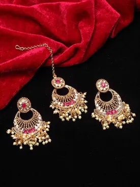 Gold-Plated Red & White Stone Studded & Beaded Handcrafted Maang Tika With Earring Set