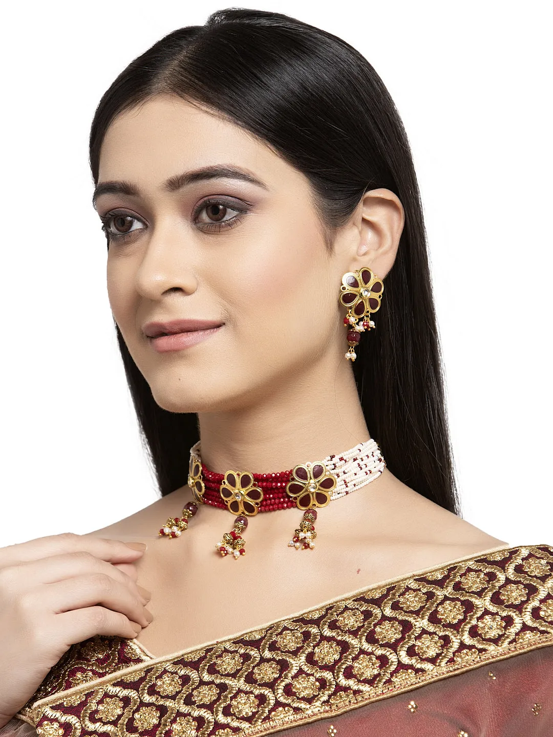 Gold-Plated Red Beaded Choker Jewellery Set