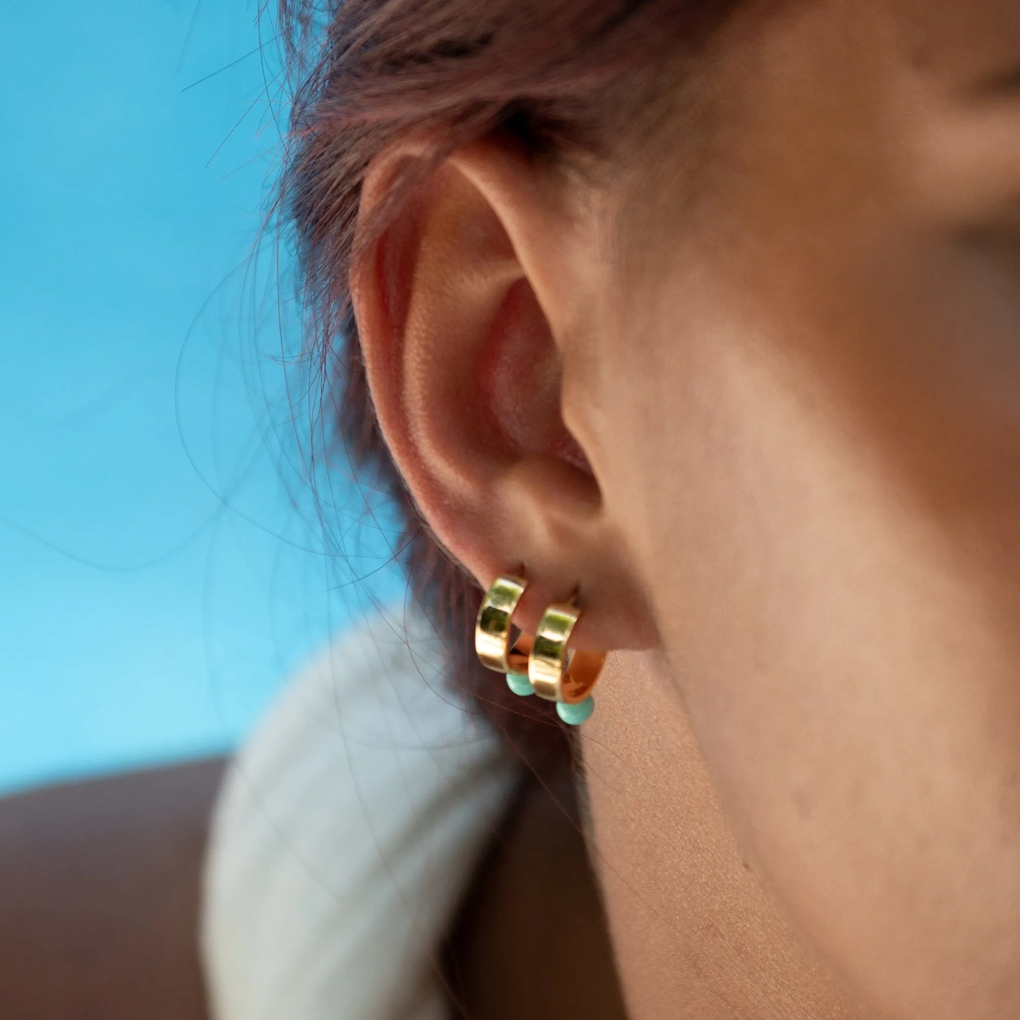 Gold Plated Wide Huggie Earrings with Turquoise Dot