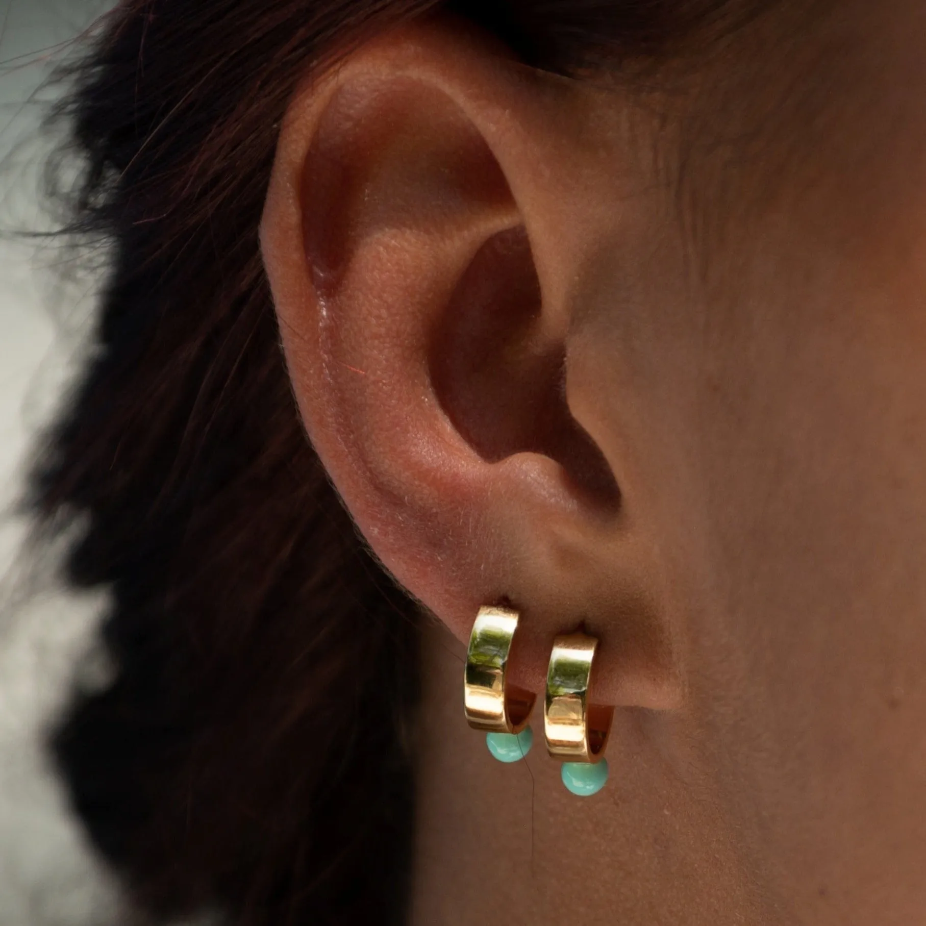 Gold Plated Wide Huggie Earrings with Turquoise Dot