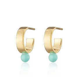 Gold Plated Wide Huggie Earrings with Turquoise Dot