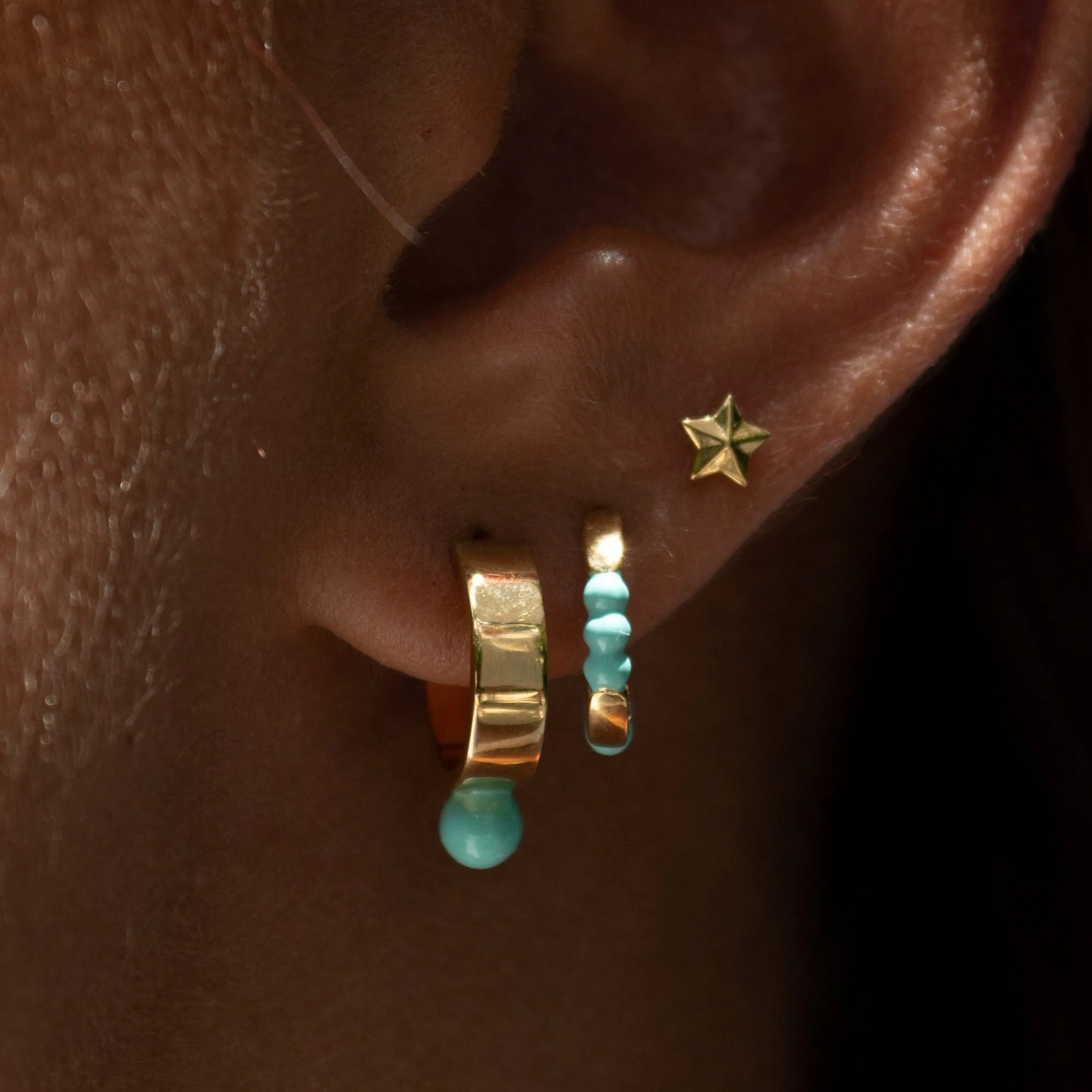 Gold Plated Wide Huggie Earrings with Turquoise Dot