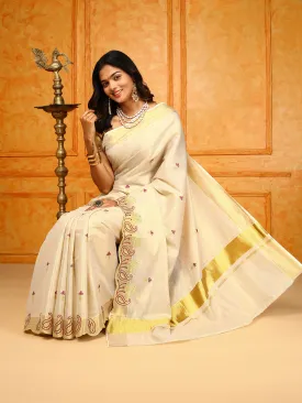 Kerala Cream Gold Jari Weaving Saree KS124