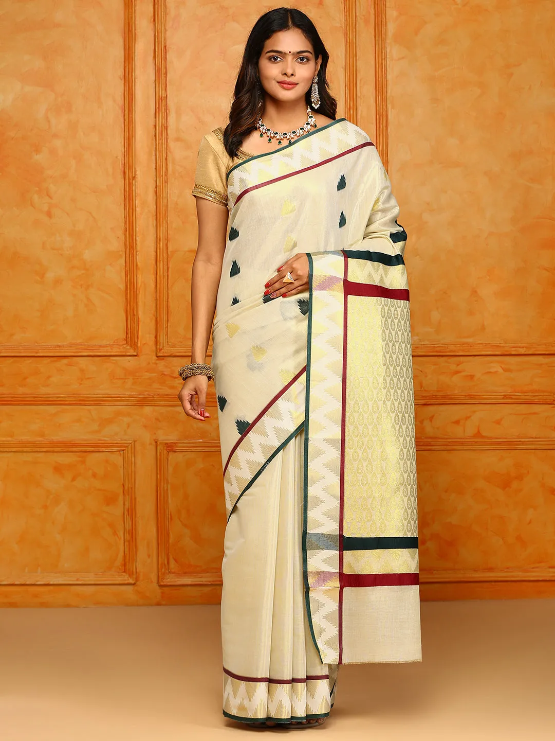 Kerala Cream Gold Jari Weaving Saree KS127