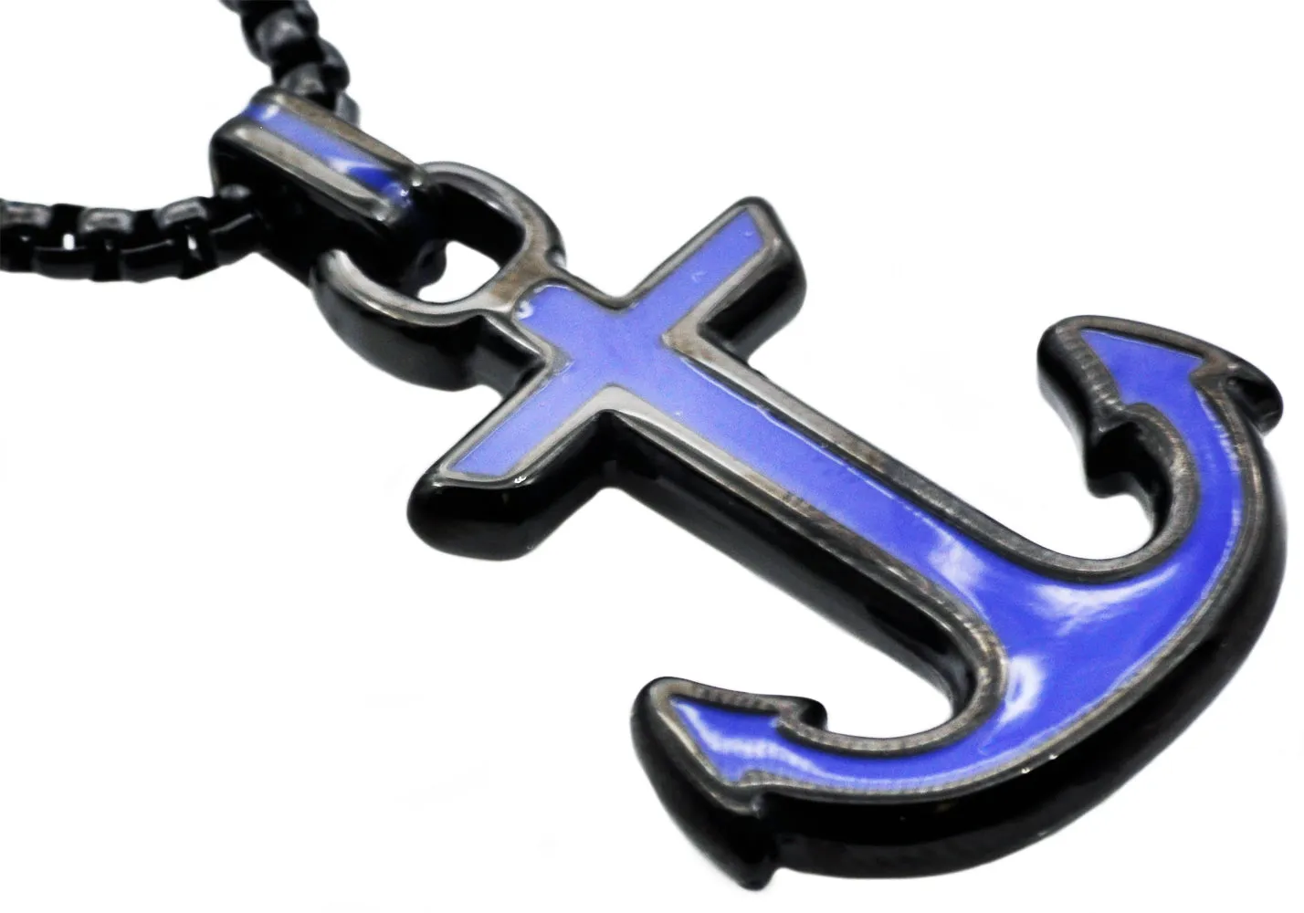 Mens Black And Blue Stainless Steel Anchor Pendant Necklace