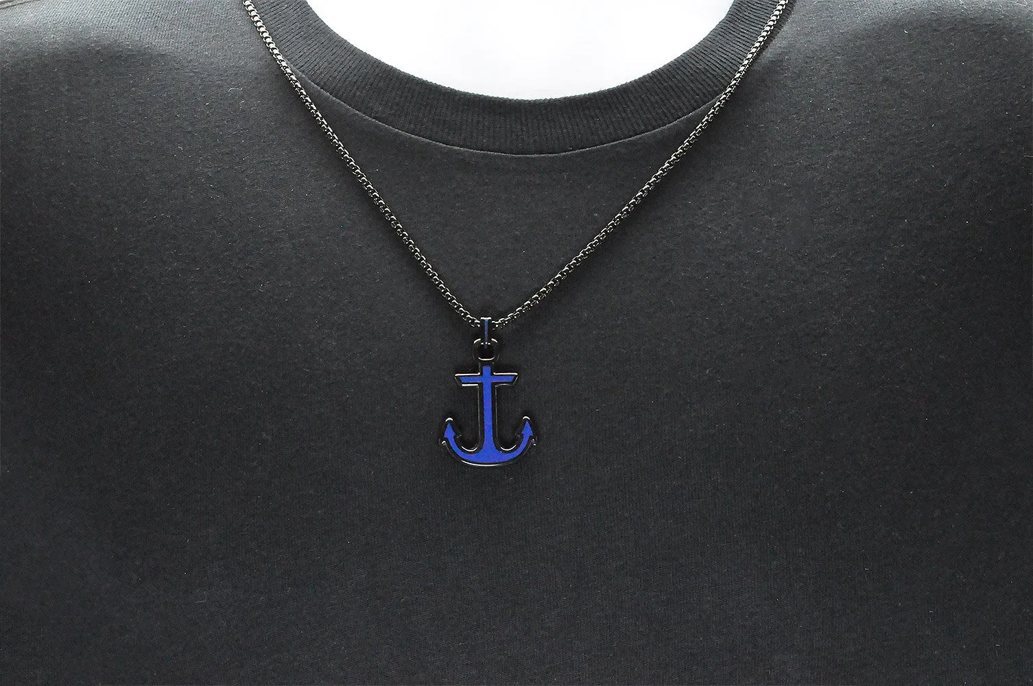 Mens Black And Blue Stainless Steel Anchor Pendant Necklace