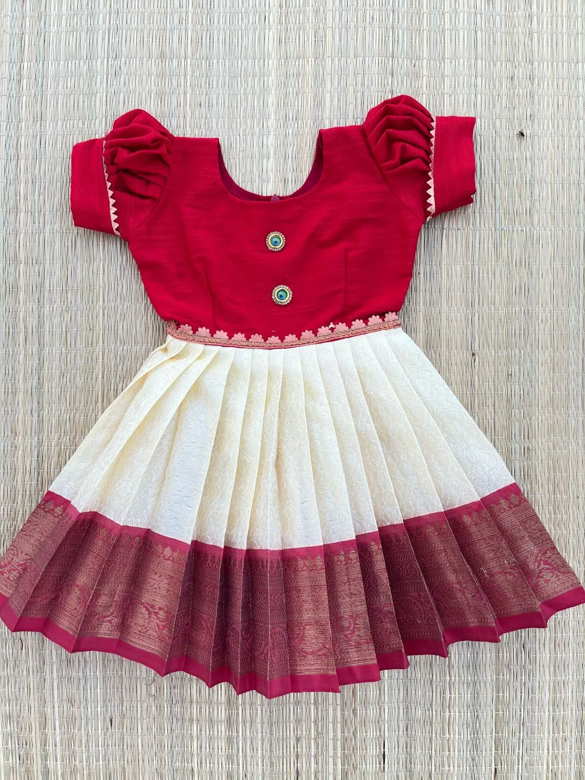 PRE ORDER : All-Day Comfort: Milk White and Red Frock with Puff Sleeves