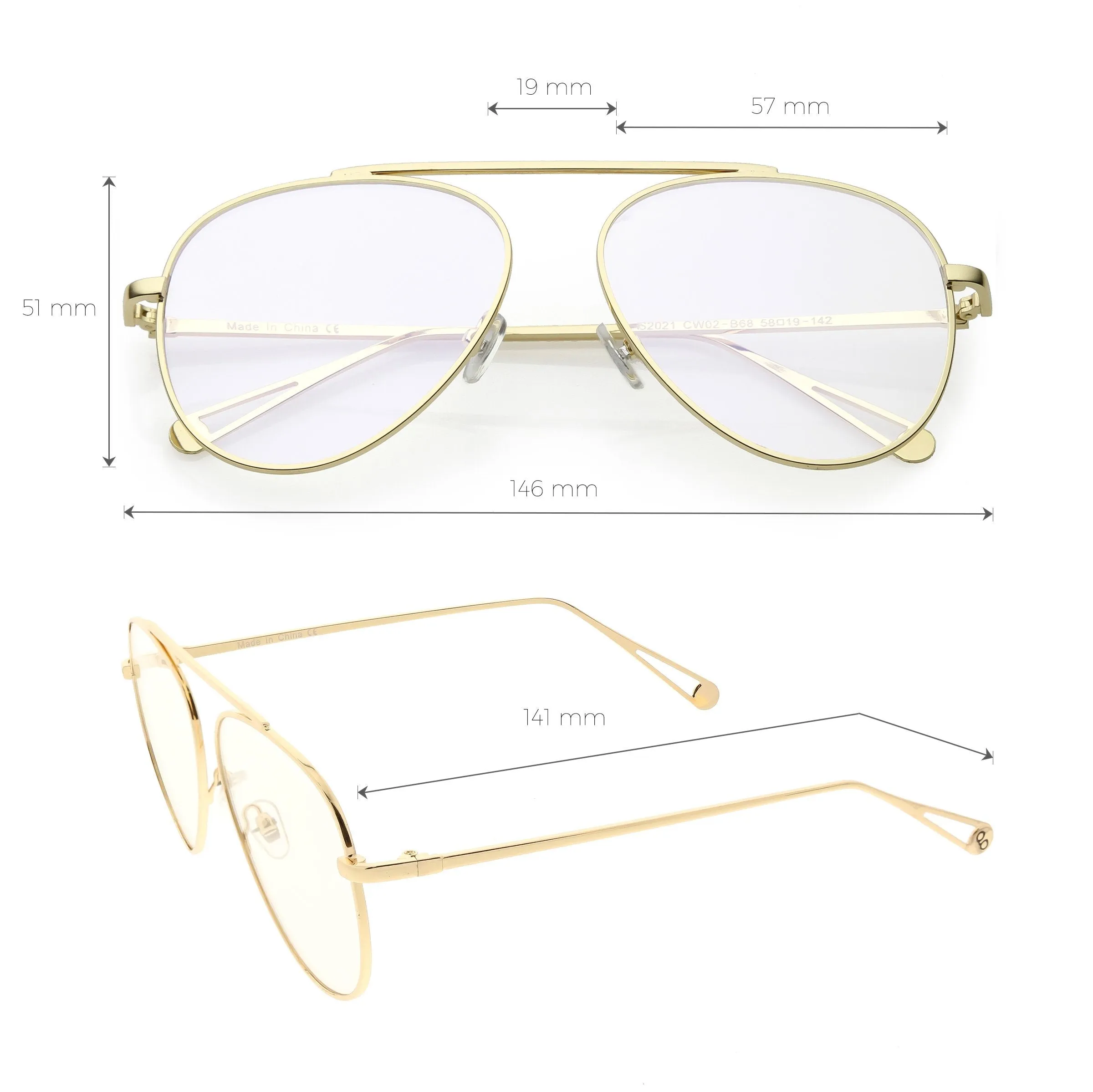 Premium Modern Clear Flat Lens Metal Aviator Glasses