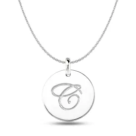 "C" 14K White Gold Script Engraved Initial  Disk Pendant