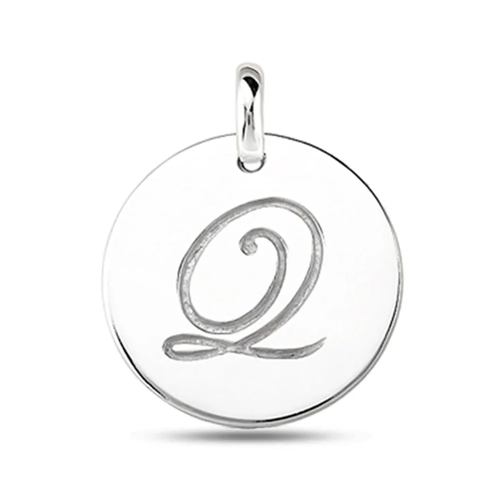 "Q" 14K White Gold Script Engraved Initial  Disk Pendant