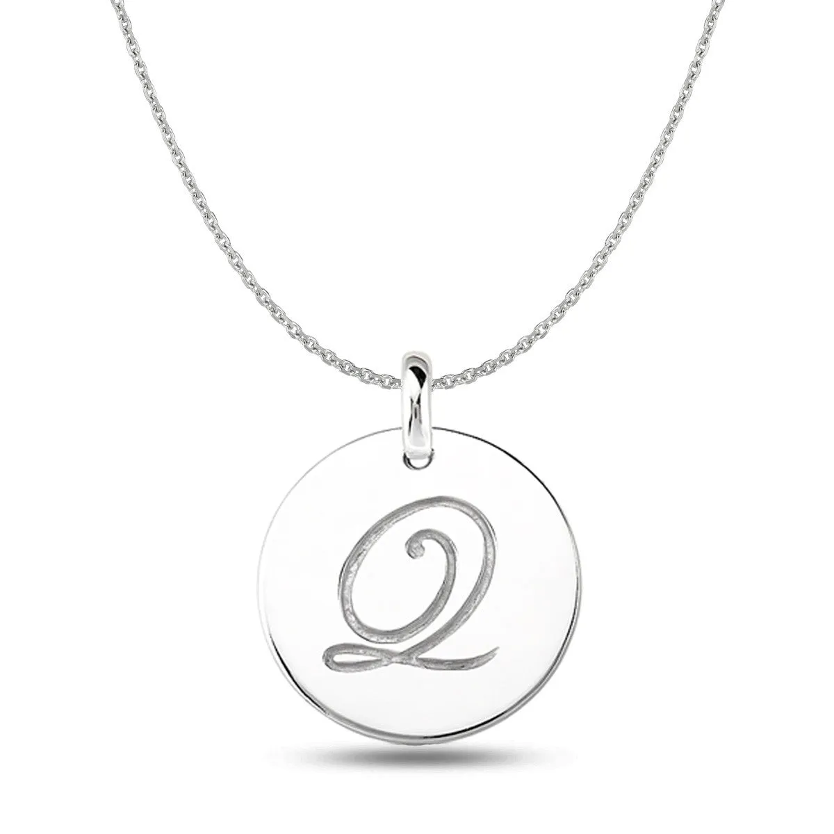 "Q" 14K White Gold Script Engraved Initial  Disk Pendant