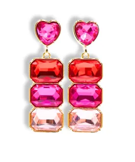 RED, HOT PINK & LIGHT PINK CRYSTAL EARRING WITH PINK CRYSTAL HEART TOP