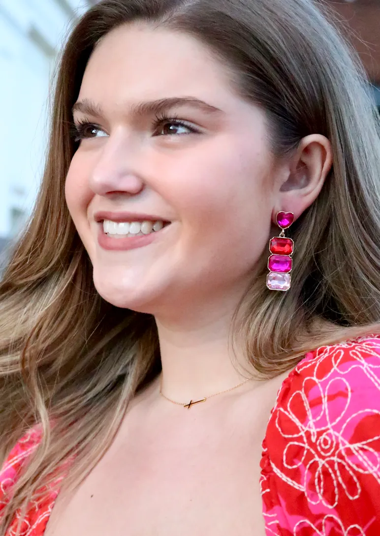 RED, HOT PINK & LIGHT PINK CRYSTAL EARRING WITH PINK CRYSTAL HEART TOP