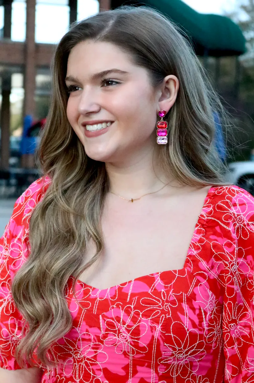 RED, HOT PINK & LIGHT PINK CRYSTAL EARRING WITH PINK CRYSTAL HEART TOP