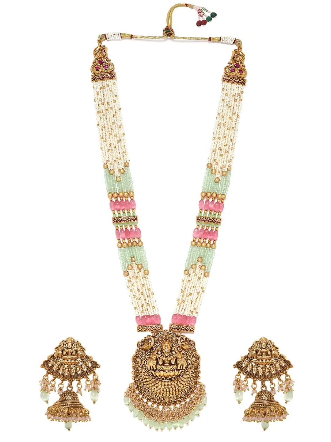 Rubans 22K Gold Plated Captivating Pastel & Pearl Beaded Handcrafted Temple Jewellery Set