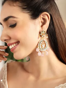 Rubans 22K Gold plated Kundan crystal with pastel pink beaded and pearls Regal chandbali Earrings