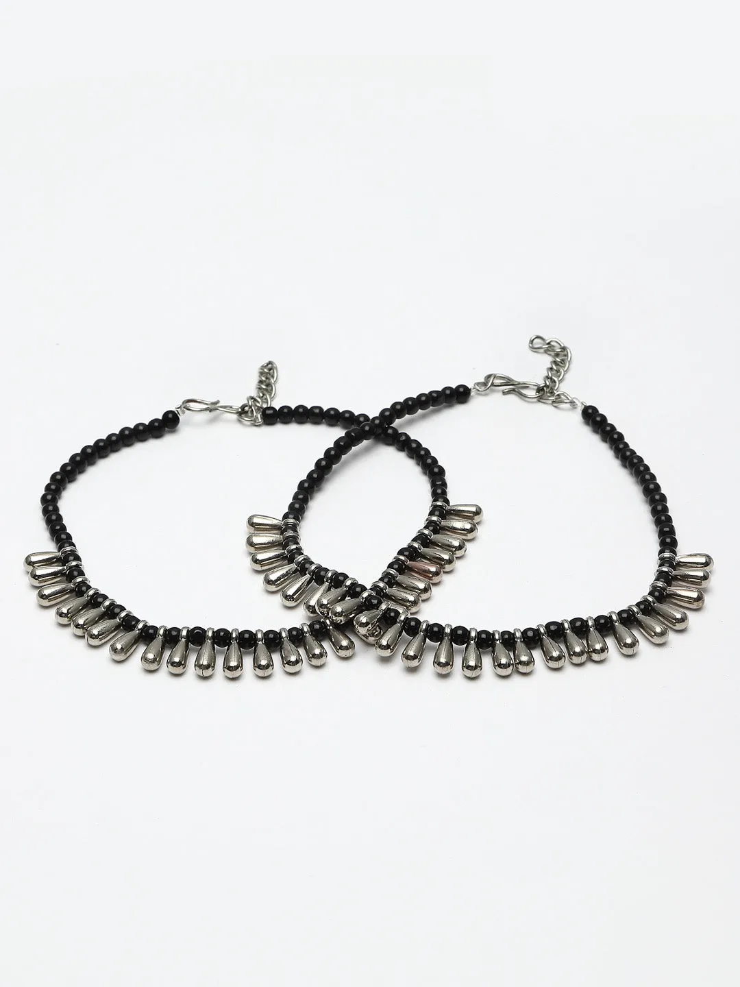 Set Of 2 Silver-Plated Black Beaded Handcrafted Anklets