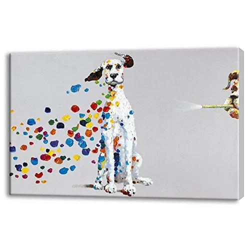 SEVEN WALL ARTS - 100% HAND PAINTED OIL PAINTING ANIMAL MISCHIEVOUS DOG FUNNY ARTWORK FOR HOME DECOR (24X36 INCH, BLOWING BUBBLES)